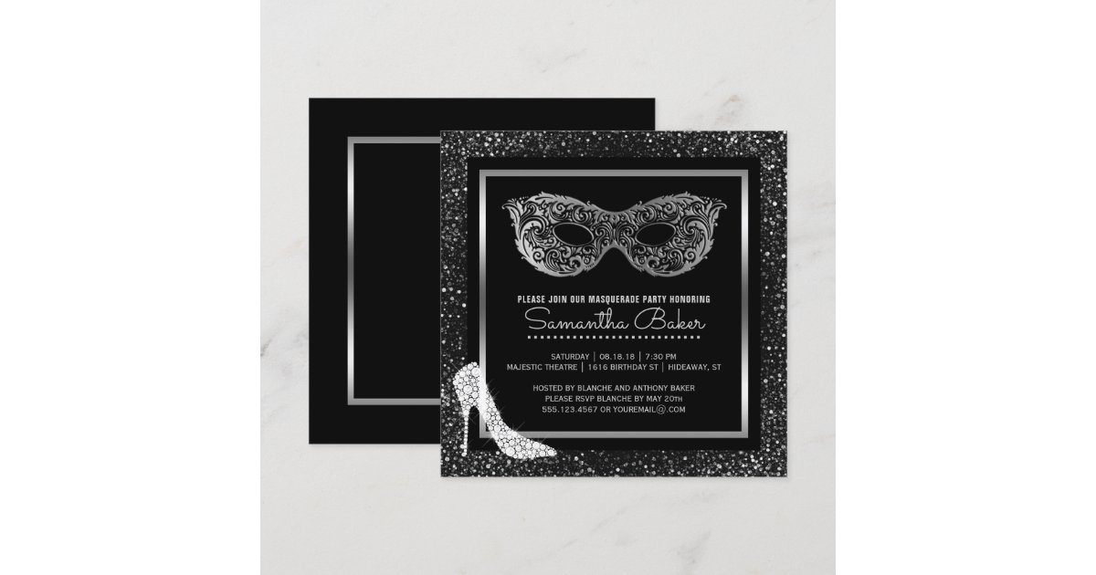 Masquerade Ball High Heels Black Silver Sweet 16 Invitation Zazzle Com