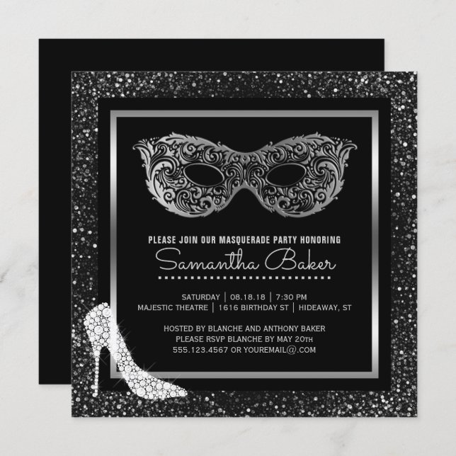 Masquerade Ball High Heels Black Silver Sweet 16 Invitation (Front/Back)