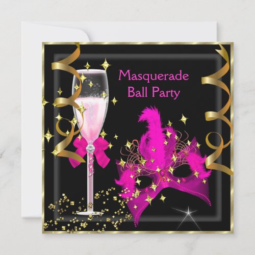 Masquerade Ball Hot_Pink Black Gold Mask Party Invitation