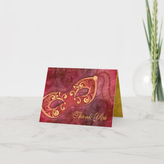 Masquerade Ball Mask Burgundy Wedding Thank You Card (Front)