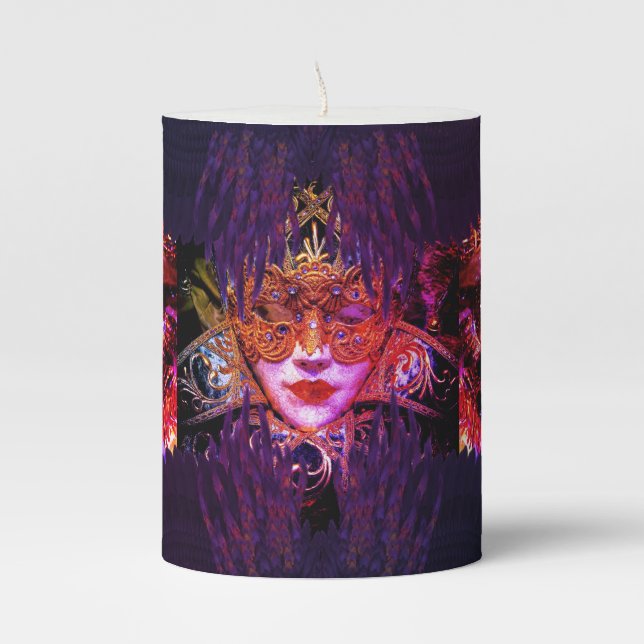 Masquerade Ball masked woman feather gothic jewel Pillar Candle (Front)