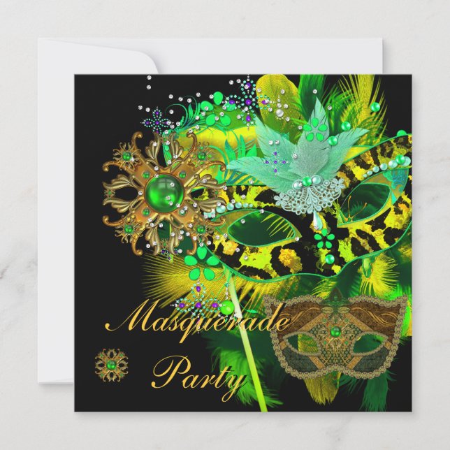 Masquerade Ball Party Lime Green Black Masks Invitation (Front)