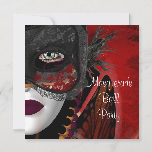 Masquerade Ball Party Mask Black Red Girl Invitation (Front)