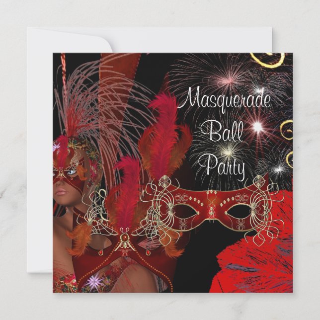 Masquerade Ball Party Mask Black Red Showgirl 3 Invitation (Front)