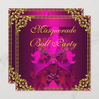 Masquerade Ball Party Masks Gold Deep Pink Invitation