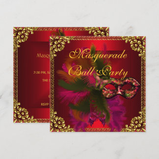 Masquerade Ball Party Masks Gold Deep Red Invitation