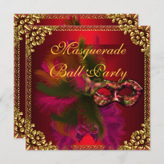 Masquerade Ball Party Masks Gold Deep Red Invitation