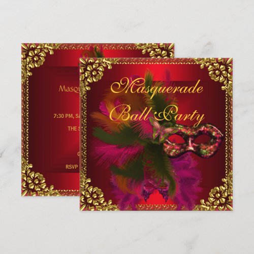 Masquerade Ball Party Masks Gold Deep Red Personalized Invite
