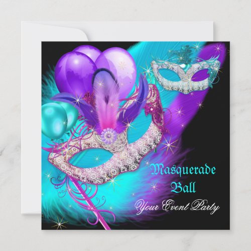 Masquerade Ball Party Masks Purple Teal Blue Invitation