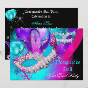 Masquerade Ball Party Masks Purple Teal Blue Pink Invitation