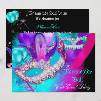 Masquerade Ball Party Masks Purple Teal Blue Pink Invitation