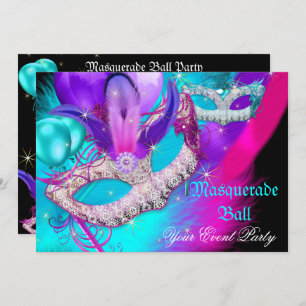 Masquerade Ball Party Masks Purple Teal Blue Pink Invitation