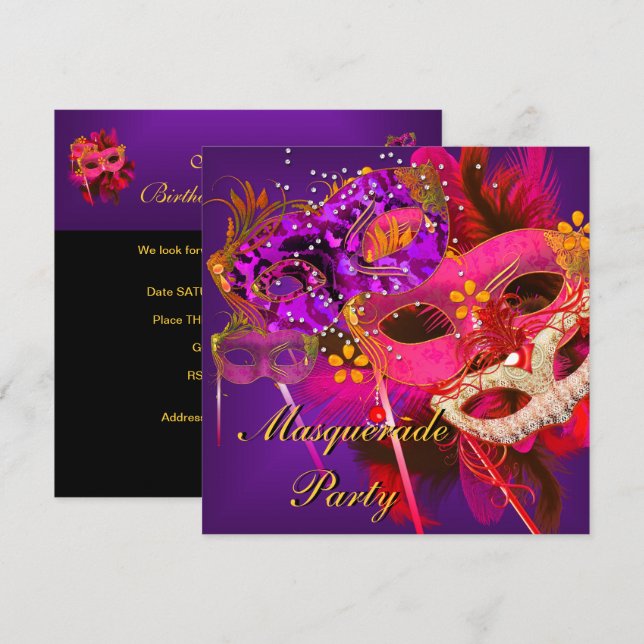 Masquerade Ball Party Pink Orange Purple Masked Invitation (Front/Back)