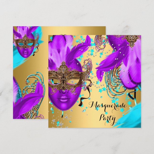 Masquerade Ball Party Purple Teal Blue Masks Gold Invitation (Front/Back)