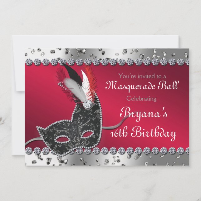 Masquerade Ball Party Silver and Red Invitation (Front)