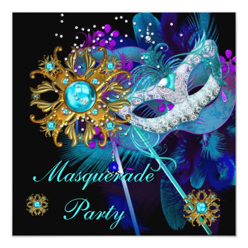 Masquerade Ball Party Teal Blue Black Masks Card | Zazzle