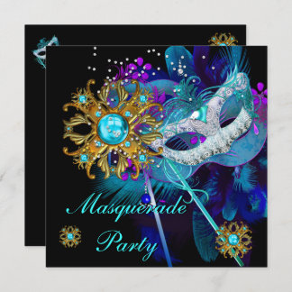Masquerade Ball Party Teal Blue Black Masks Invitation