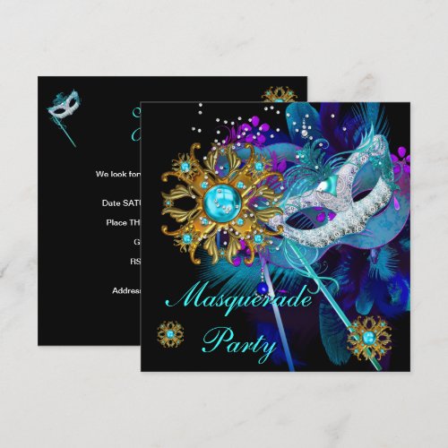 Masquerade Ball Party Teal Blue Black Masks Invitation