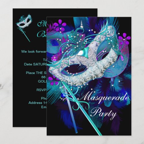 Masquerade Ball Party Teal Blue Black Masks Custom Invitations