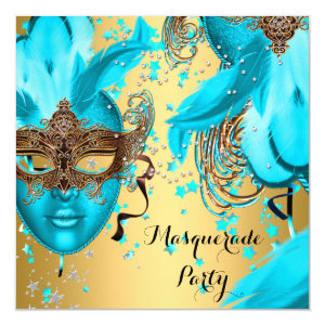 Masquerade Ball Party Teal Blue Masks Gold 3 Card