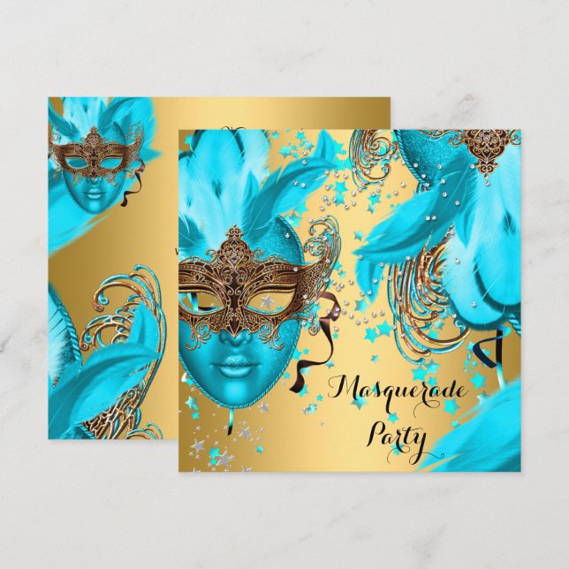 Masquerade Ball Party Teal Blue Masks Gold 3 Invitation (Front/Back)