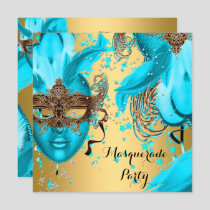 Masquerade Ball Party Teal Blue Masks Gold 3 Invitation