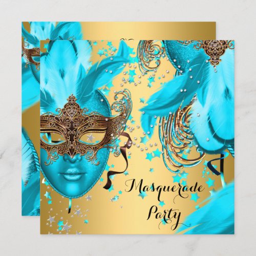 Masquerade Ball Party Teal Blue Masks Gold 3 Invitation