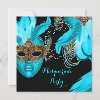 Masquerade Ball Party Teal Blue Masks Invitation