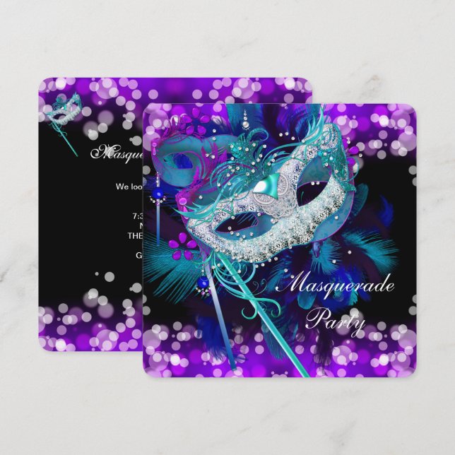 Masquerade Ball Party Teal Blue Purple Mask 2 Invitation (Front/Back)