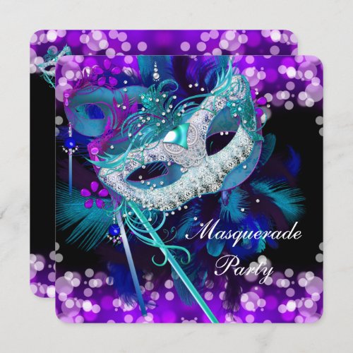 Masquerade Ball Party Teal Blue Purple Mask 2 Invitation