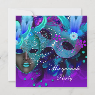 Masquerade Ball Party Teal Blue Purple Masks 3 Invitation