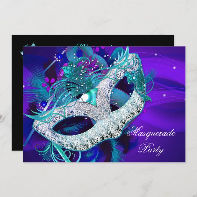 Masquerade Ball Party Teal Blue Purple Masks ab Invitation (Front/Back)