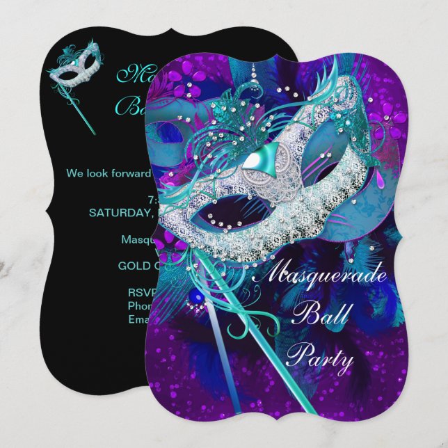 Masquerade Ball Party Teal Blue Purple Masks B Invitation (Front/Back)