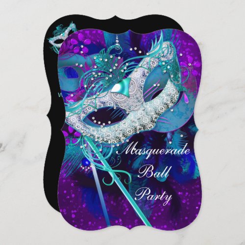 Masquerade Ball Party Teal Blue Purple Masks B Invitation