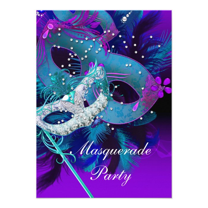 Masquerade Ball Party Teal Blue Purple Masks Personalized Invitations