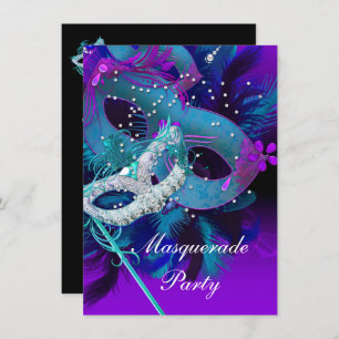 Masquerade Ball Party Teal Blue Purple Masks Invitation