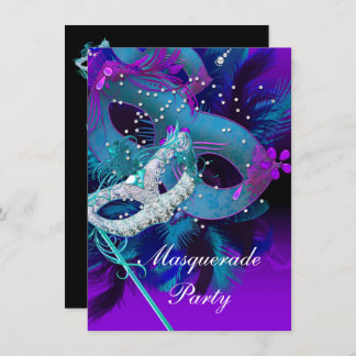 Masquerade Ball Party Teal Blue Purple Masks Invitation