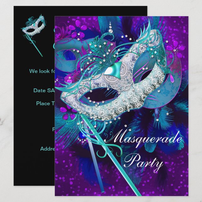 Masquerade Ball Party Teal Blue Purple Masks large Invitation (Front/Back)