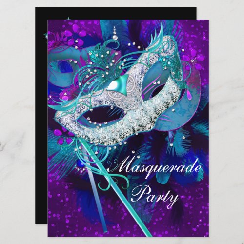 Masquerade Ball Party Teal Blue Purple Masks large Invitation