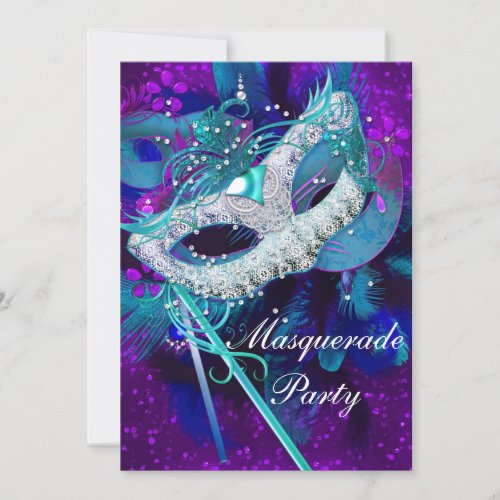 Masquerade Ball Party Teal Blue Purple Masks large Invitation