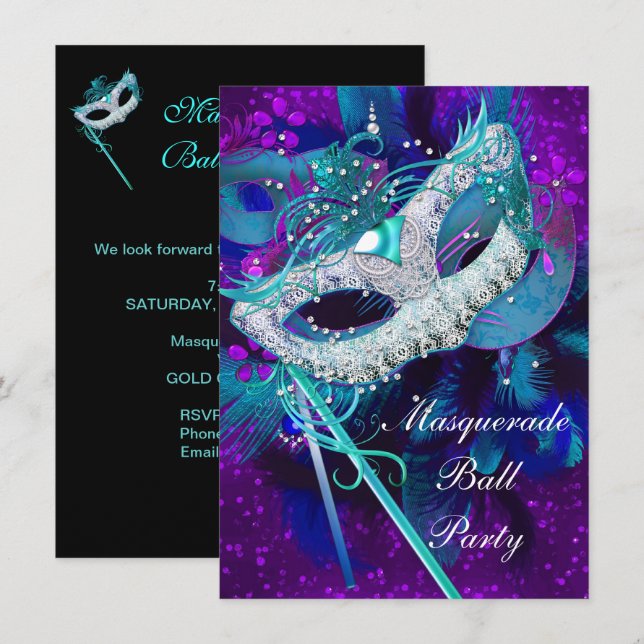 Masquerade Ball Party Teal Blue Purple Masks LGE Invitation (Front/Back)