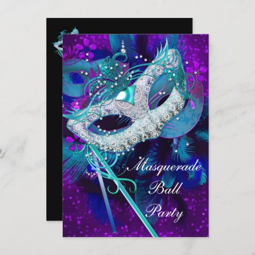 Masquerade Ball Party Teal Blue Purple Masks LGE Invitation