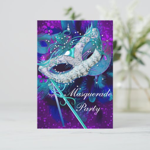 Masquerade Ball Party Teal Blue Purple Masks Sml Invitation Zazzle