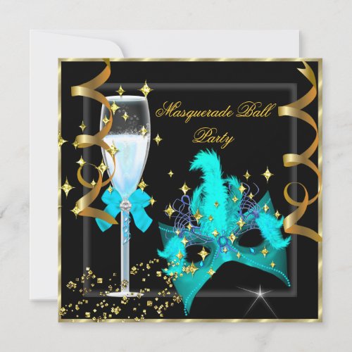 Masquerade Ball Party Teal Gold Mask champagne Invitation