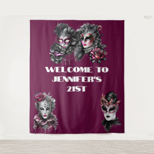 Masquerade ball pink black silver masks fuchsia tapestry