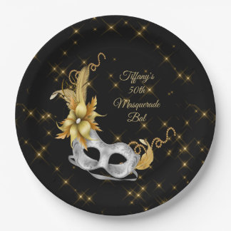 Masquerade Ball Plate, Birthday Plate, Black Gold Paper Plates