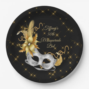 Masquerade Ball Plate, Black Gold Silver Paper Plates