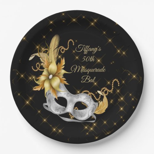 Masquerade Ball Plate Black Gold Silver Paper Plates