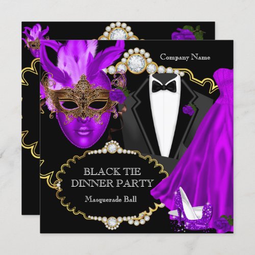 Masquerade Ball Purple Black Tie Dinner Party Invitation