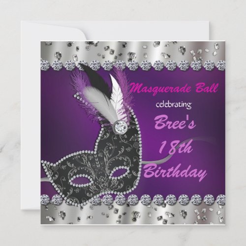 Masquerade Ball Purple Silver Party Invitation